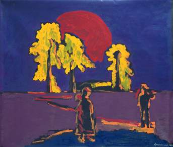 «На Муромской дорожке стояли три сосны.» С красным солнцем над желтыми соснами. 105 x 120 см. 2002 г.